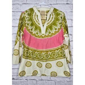 Robert Graham  100% Cotton Tunic Shirt Medium Boho Paisley Floral Long Sleeve